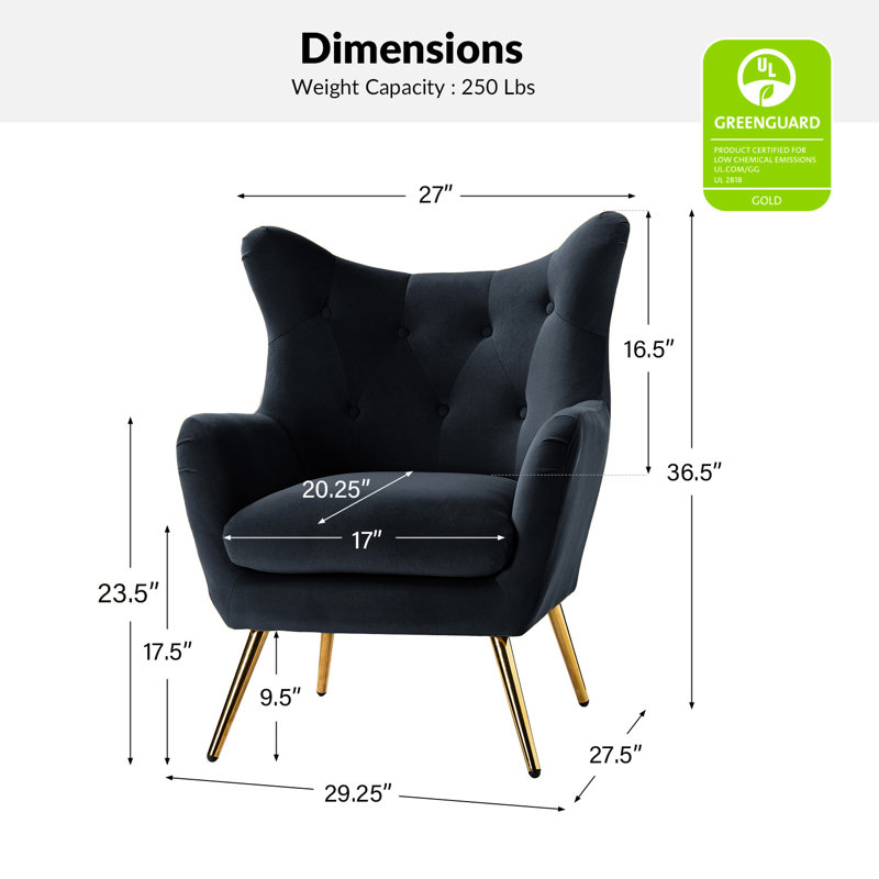 Fauteuil à oreilles 29,25 po Avianna, Velours noir
