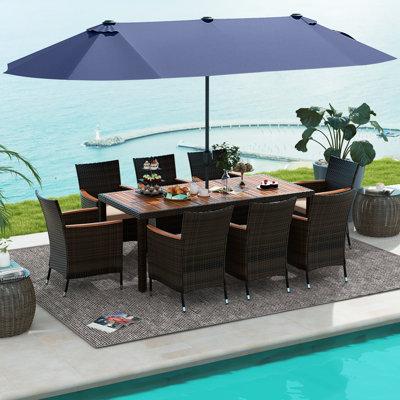 11 Pcs Patio Dining Table Chair Set With Umbrella And Base