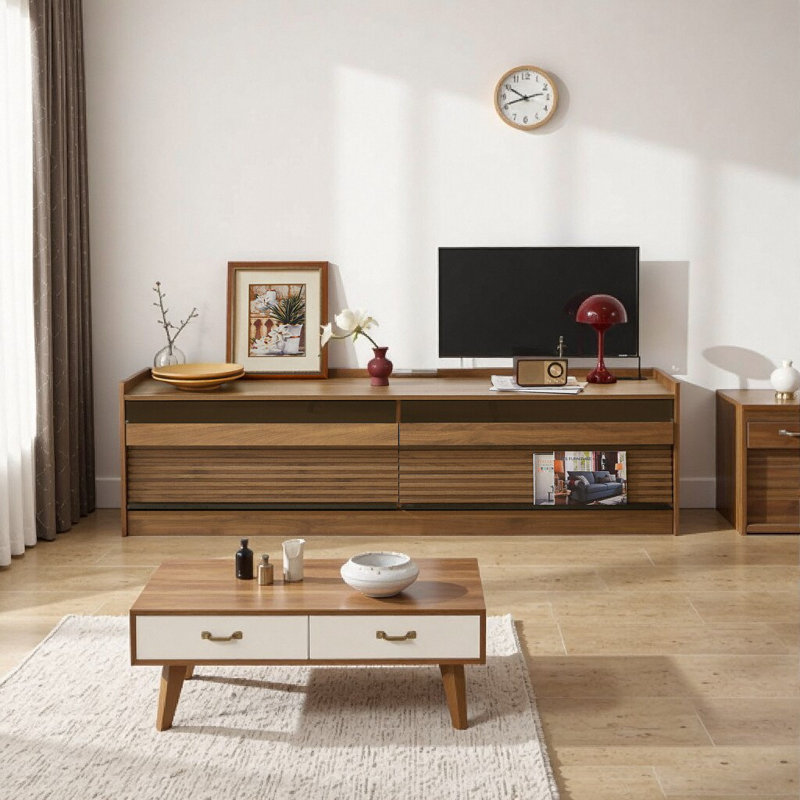 68.9"Long TV Stand for TVs Up to 78", Media Console Table with 4 Drawers and LED Lights, Walnut