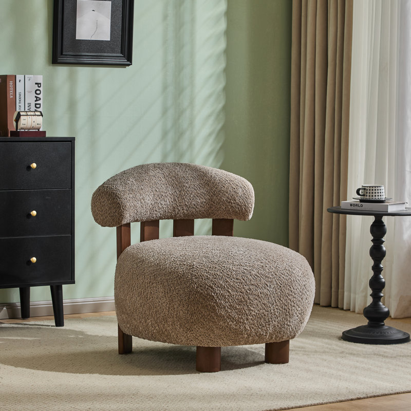 Zavier Boucle Upholstered Accent Chair With Wooden Legs, Light Brown