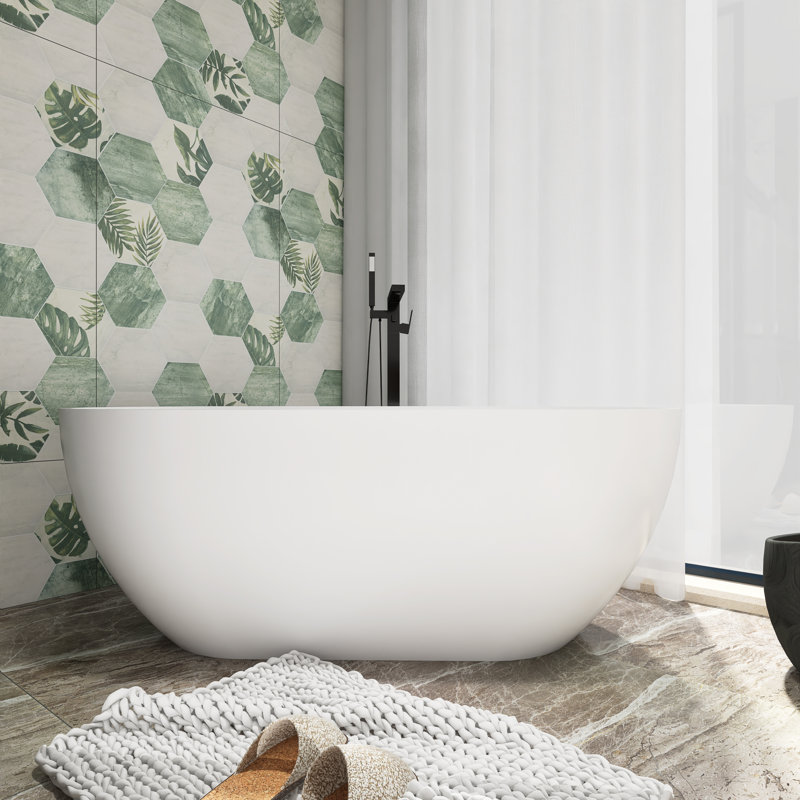 59-Inch Matte White Solid Surface Freestanding Soaking Bathtub