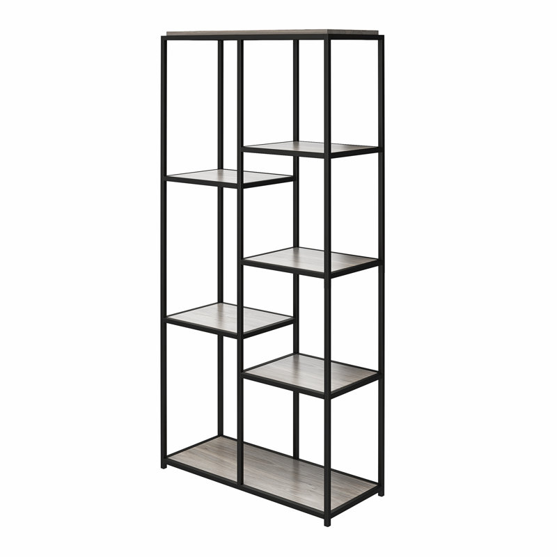 Aimslee 180cm H x 86cm W Stainless Steel Etagere Bookcase, Grey Oak/Black