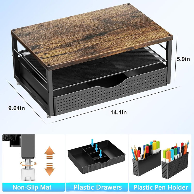 2-tier Wood Monitor Stand Riser With Drawer & Pen Holder