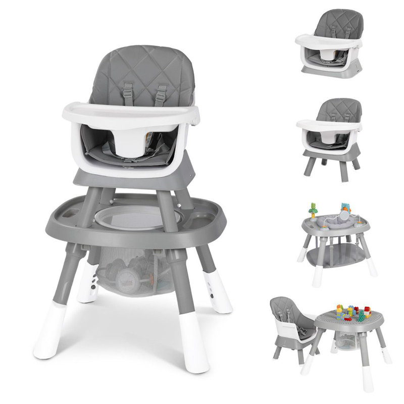 Foldable High Chair for Babies & Toddlers, Adjustable Height, Recline, Storage Basket, Double Trays, Easy to Clean, Gray
