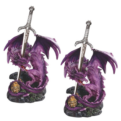 "2-PC Set" ICE ARMOR 5.5"H Purple Dragon with Sword Figurine Statue Sculpture Ornament Decoration Home/Room Decor and Perfect Gift Ideas for Housewarming, Holidays and Birthdays Great Collectible Addition