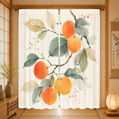2Pcs rideaux à branches orange aquarelle, tissu filtrant la lumière, motif imprimé de fruits et de feuilles, protection de l'intimité du parasol, conception à passe-tringle, convient au salon, à la chambre à coucher, au balcon et à la cuisine