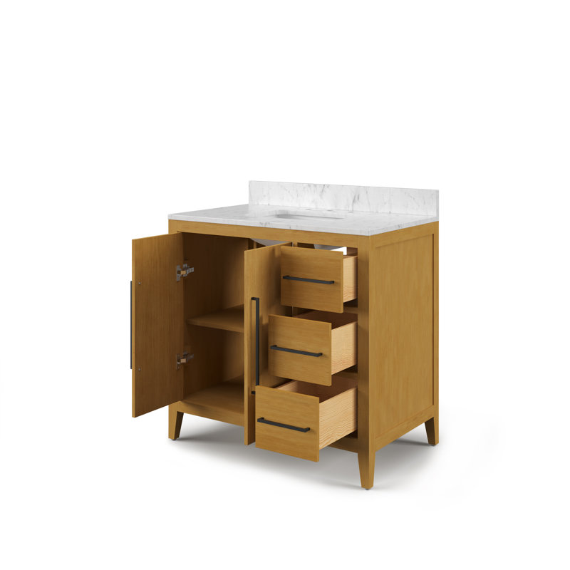 Meuble-lavabo autoportant en chêne Baja de 36 po avec plateau en marbre blanc de Carrare Lusso (assemblé), 36"