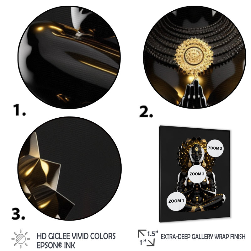 Déesse africaine noire et dorée en lotus sur toile, Cadre photo noir, H 20 po x l 12 po x P 1 po