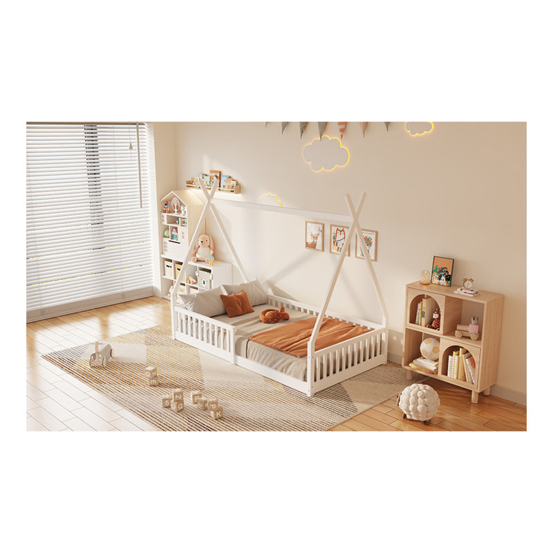 Lit simple en bois avec clôture, blanc