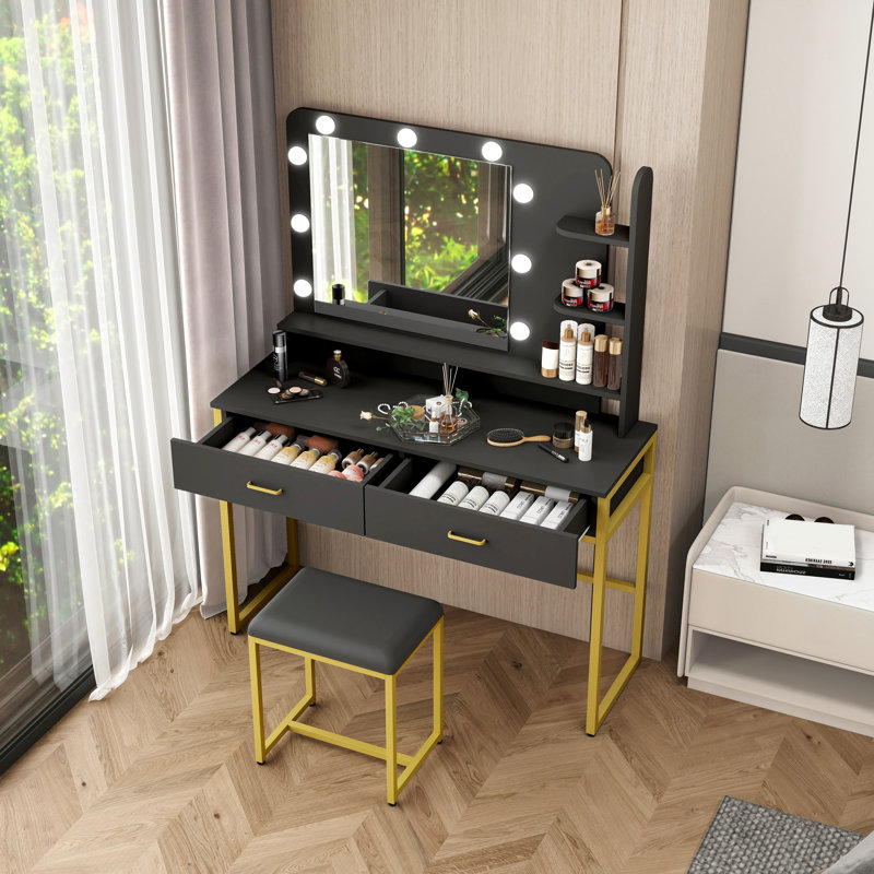 Vanity Desk With Mirror And Lights, Makeup Vanity Set With 2 Drawers & 3 Open Shelves, Black