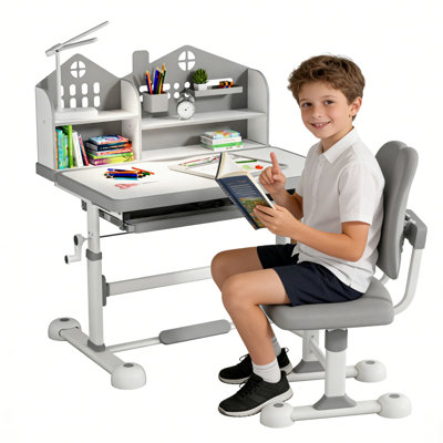  Kids Desk And Chair Set,ergonomic Height Adjustable Functional Desk For Kids With Tilting Desktop,led Light Study Table With Storage Bookshelf (gray 1pcs)