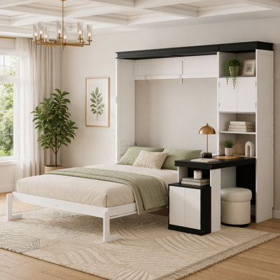 Lit escamotable avec bureau, tablettes et armoires de rangement