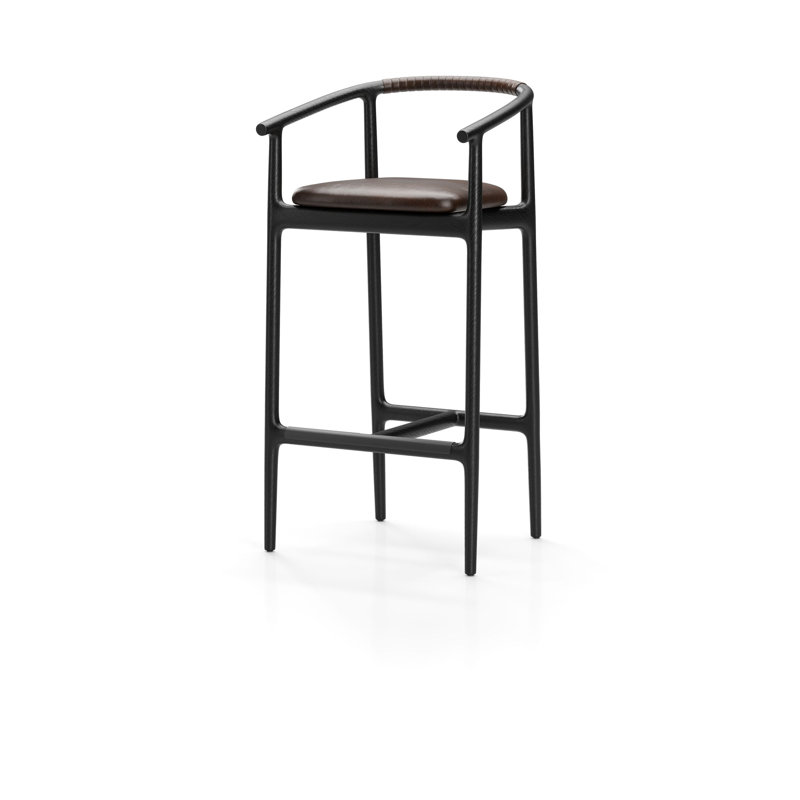 Charlie Upholstered Stool with Solid Wood Frame, Newcastle Dark Brown New 25/Leather, Black Oak