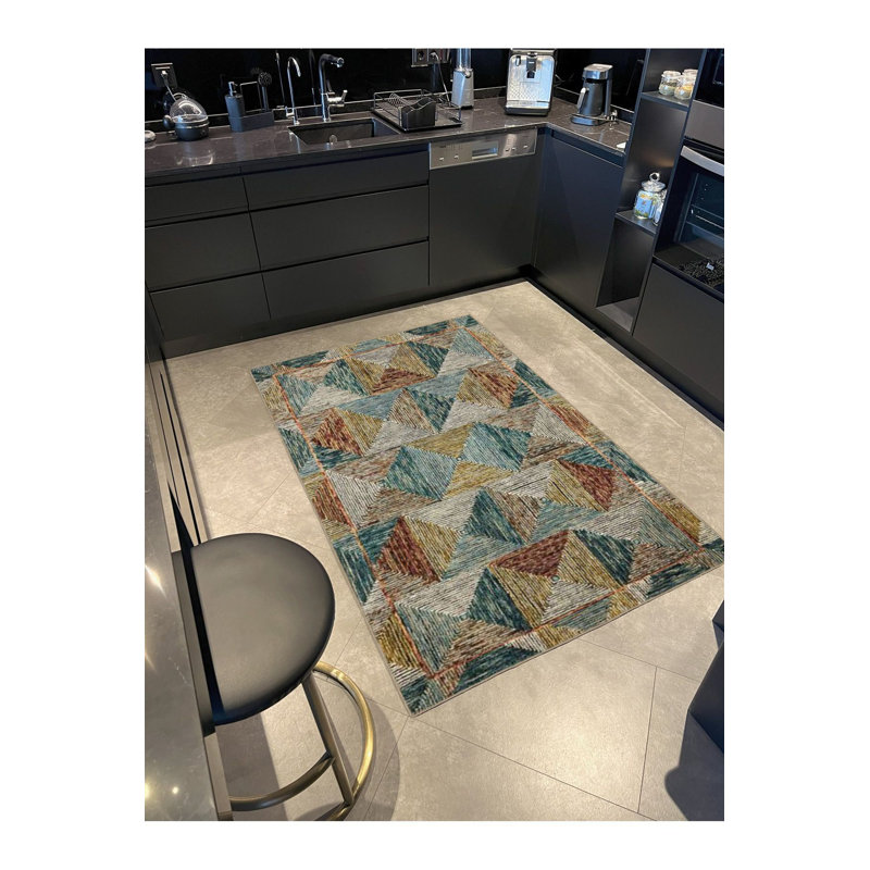 Green Mixed Colour Floral Geometric Modern Decorative Rug, Square 3'3" Rug Pad Included