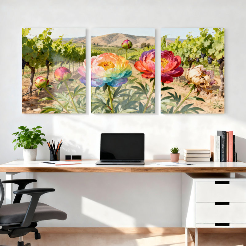 Ensemble de 3 tableaux sur toile représentant un paysage de vignes et de pivoines, H 30 po x l 60 po