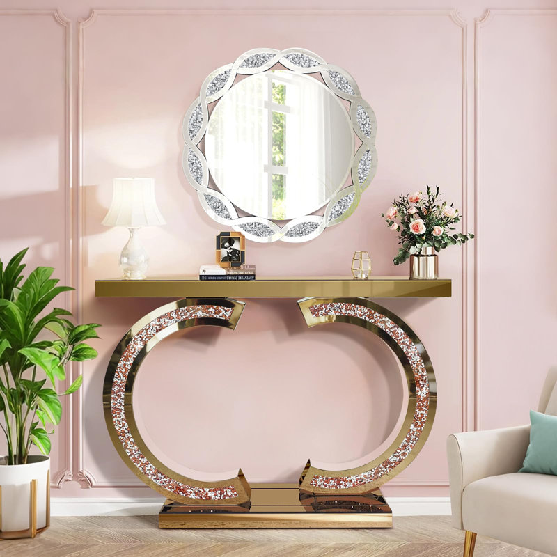 Tea Color Mirrored Console Table With Crushed Diamond Inlay, 39.4'' Long Entryway Sofa Table, Double C-Shaped Base Modern Accent Narrow Table For Living Room, Hallway, Foyer, Entrance