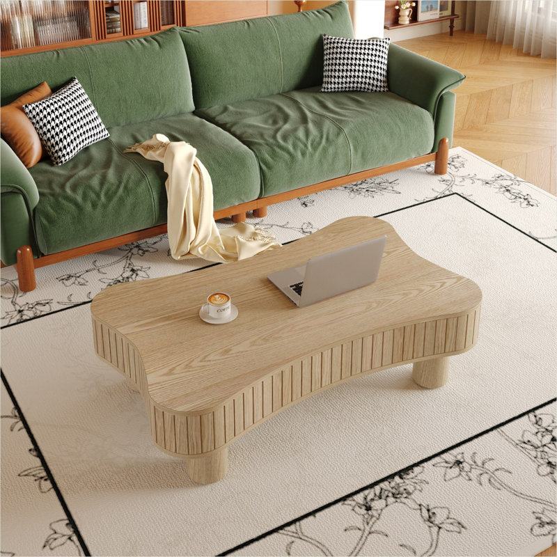 42-Inch Round Coffee Table with Lift Top, Natural-Toned Solid Wood, Fluted Panels, Hidden Storage