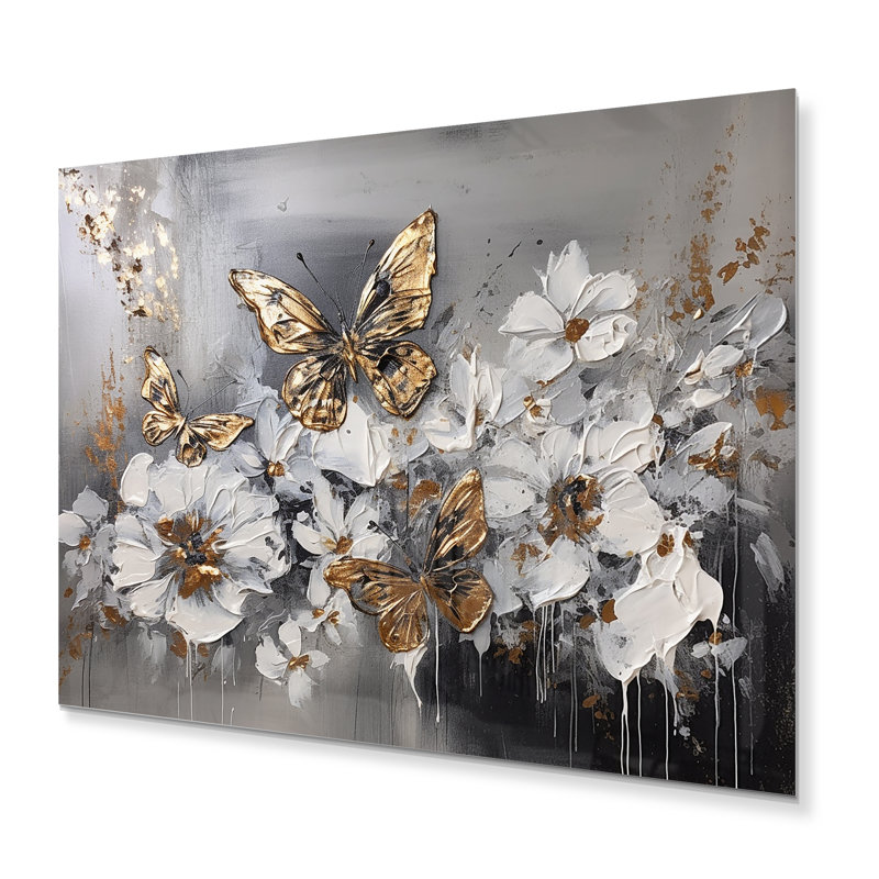 Ailes de papillon doré blanc et fleurs I - art mural floral en métal, H 12 po x l 20 po