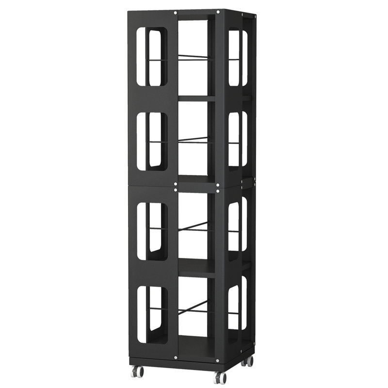 Bibliothèque rotative 4 étages en acier à 4 niveaux - roulettes à 360 °, tablette réglable, grand support à livres spacieux et robuste (noir)