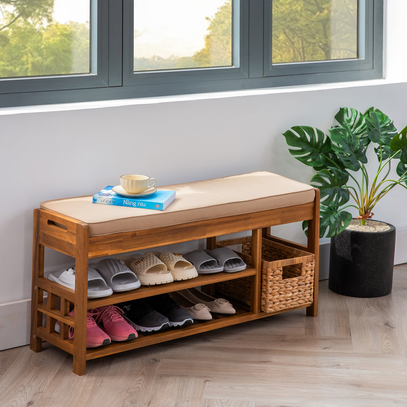 Banc de rangement pour chaussures en bois massif avec coussin, Brun