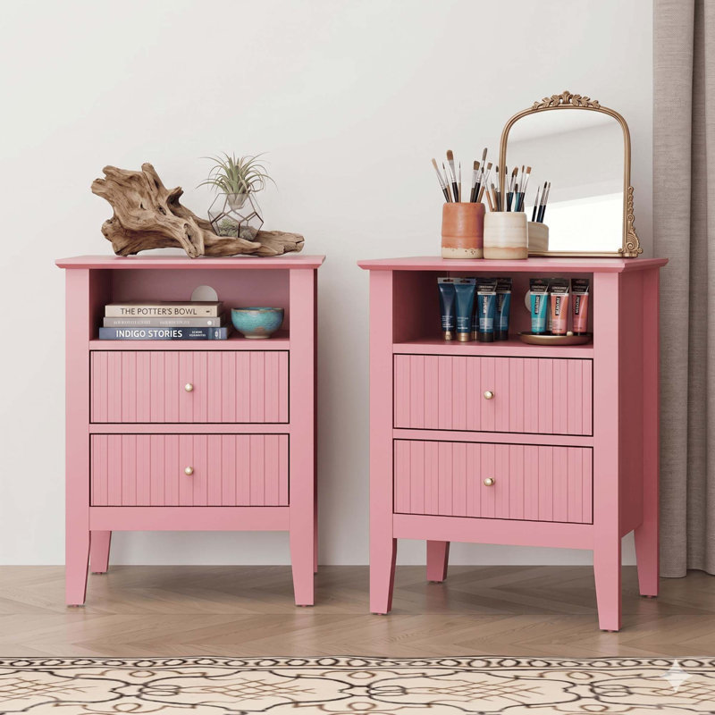 Ensemble de table de chevet cannelée à 2 tiroirs avec beaucoup de rangement, Rose