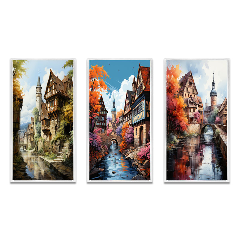 «Allemagne Bavarian Charm», 3 pièces sur toile, Cadre blanc, H 40 po x l 60 po