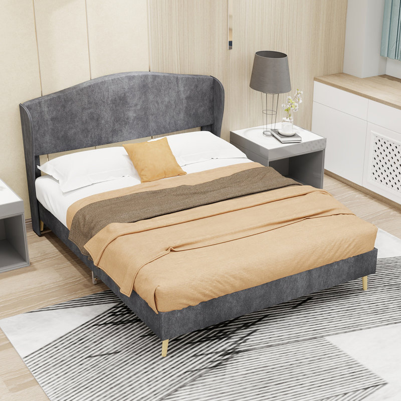 Lit double tapissier en velours double, lit plateforme luxueux et robuste pour la chambre principale, gris, Lit double, Gris