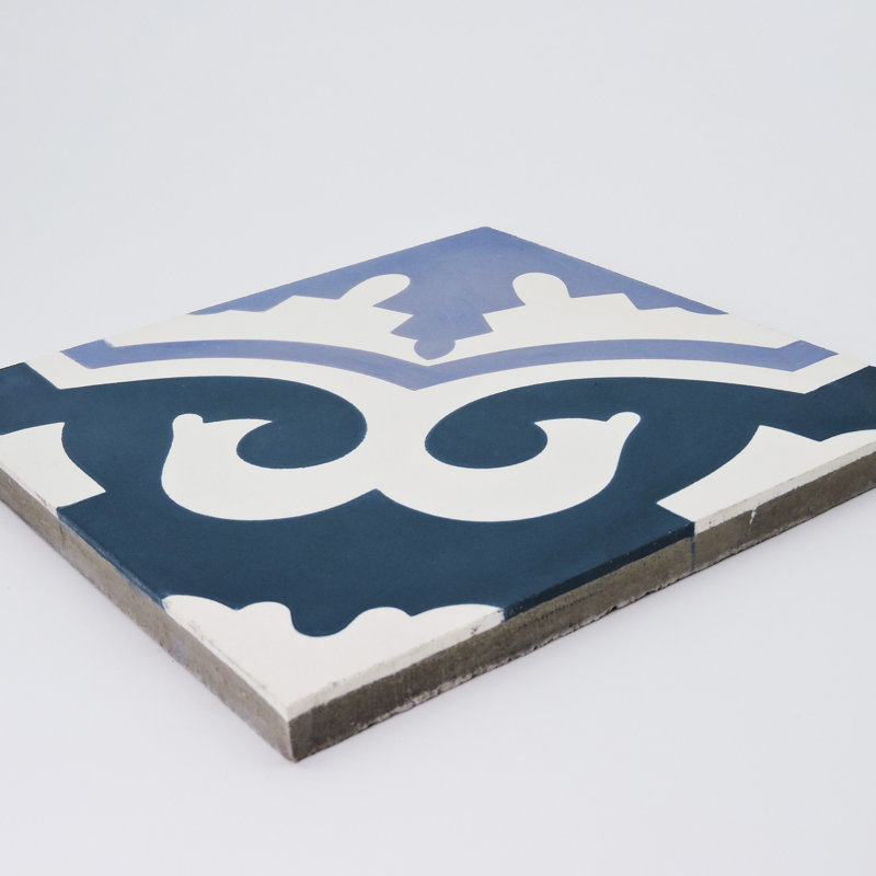 Tanger 8" x 8" Cement Patterned Wall & Floor Tile, White/Navy Blue