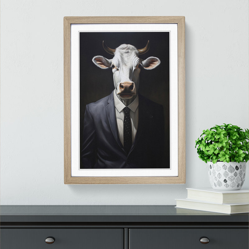 Cow In A Suit Painting - Single Picture Frame Print on Wood, 34cm H x 25cm W x 2cm D, Oak Framed