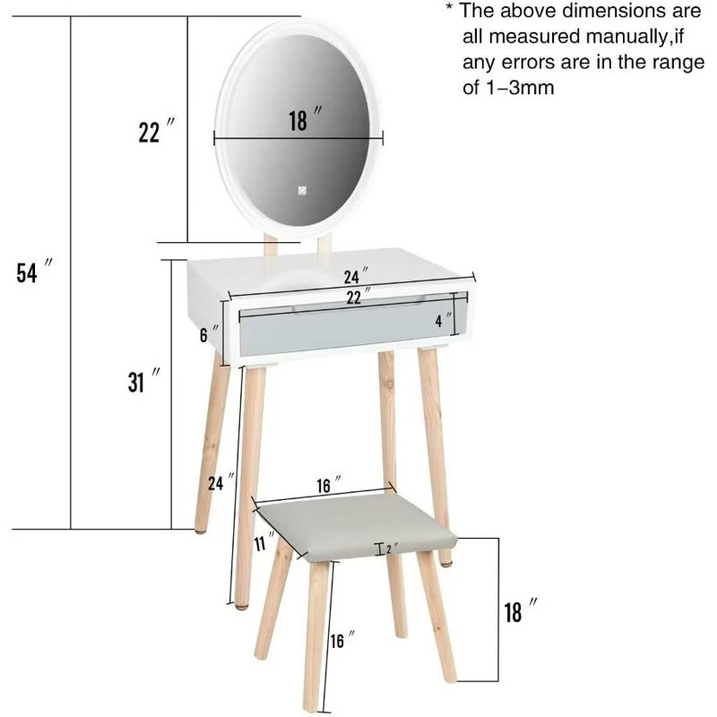Leicester Vanity Table Set with Adjustable Brightness Mirror and Cushioned Stool, Grey/White