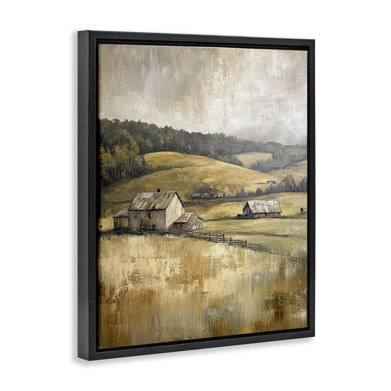 Cadre flottant Rustic Farmland & Rolling Hills, design par Petal Prints Design, Cadre flottant noir de jais