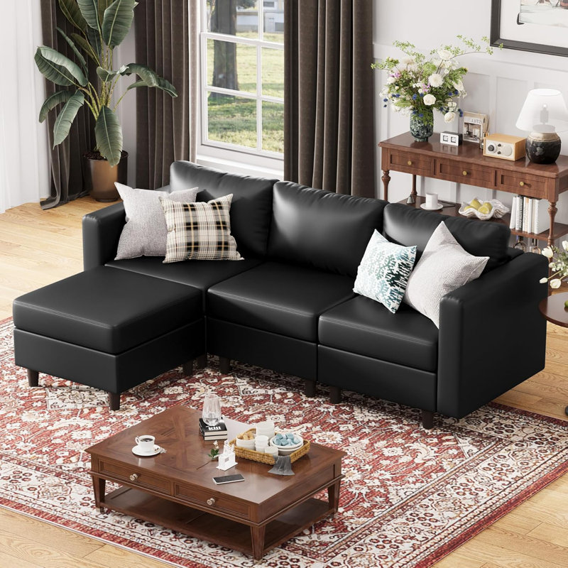 4-Piece 91.5'' Reversible Modern L-Shape Sectional Sofa With Storage Seat- Faux Leather Black, Black Faux Leather