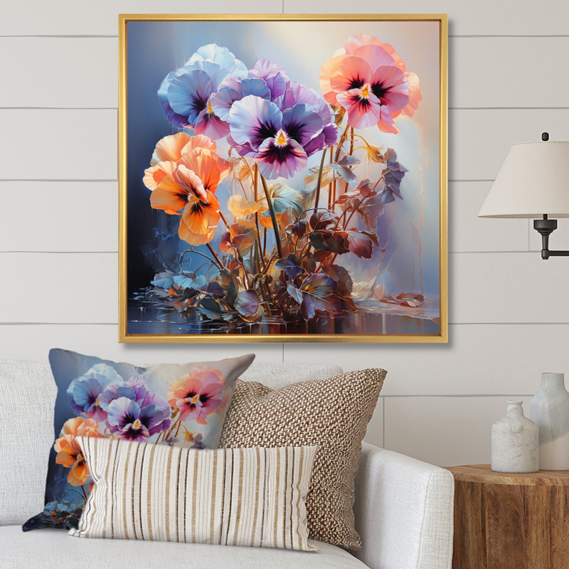 Pensées mauves, impression romantique - art mural floral, salon, H 30 po x l 30 po x P 1 po, Cadre flottant doré