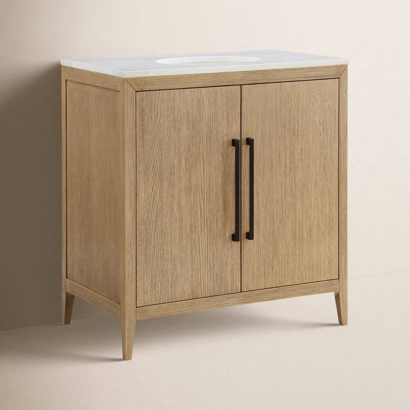 Meuble-lavabo simple 30 po avec comptoir en quartz Alsup, Blanc, Chêne brossé à la brosse métallique