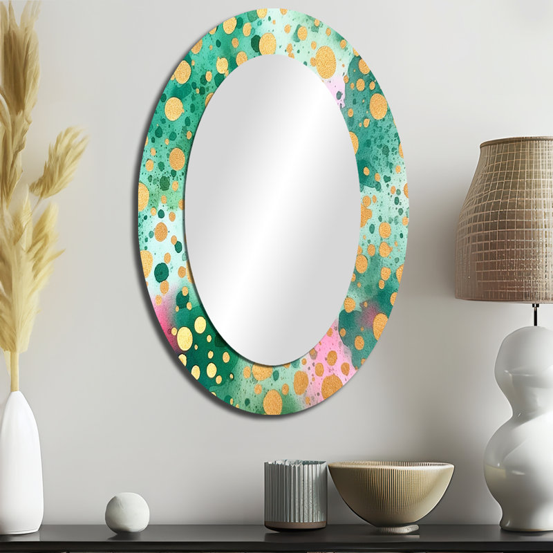 «Green and Gold Rhythmic Waters III», grand miroir géométrique, décor de miroir mural rond vert unique, impression d'art en métal
