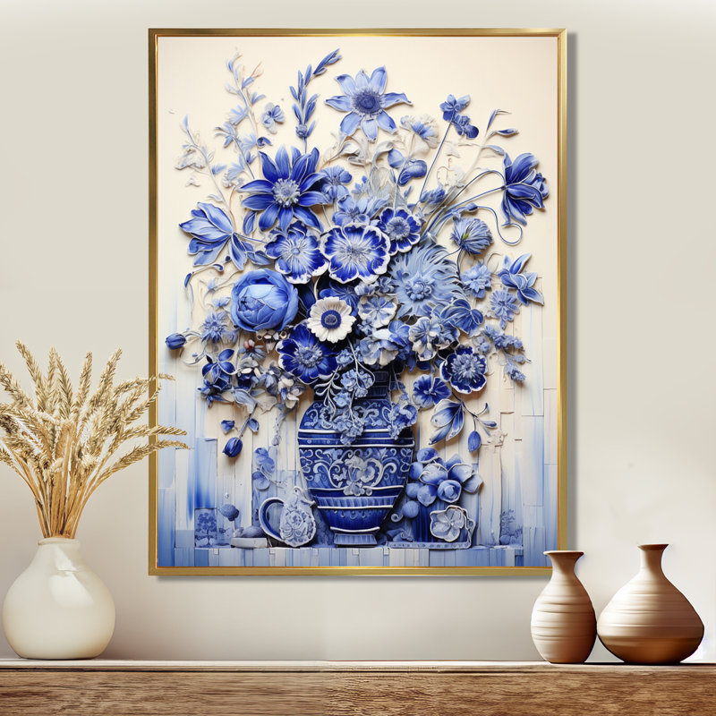 «Blue and White Boho plant Pottery II», impression sur toile Boho Pottery, H 32 po x l 24 po x P 1 po, Cadre flottant doré