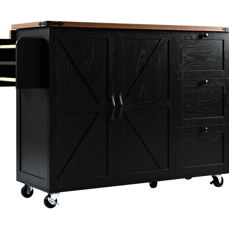 Black Kitchen Storage Island With Folding Drop Leaf And Ports, 54.5 Large Internal Shelf Power Outlet, 54.5" X 28.44" 36.5", Rolling Cart