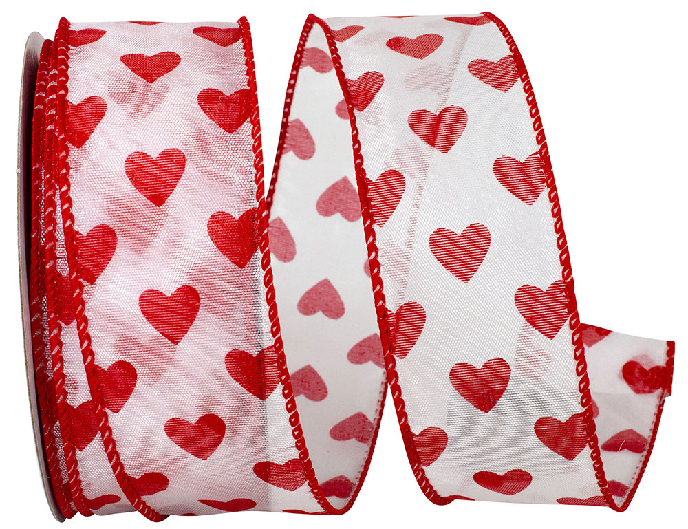 2.5 Red Sheer White Sparkle Hearts Valentine's Day Wire Ribbon (10 yards)