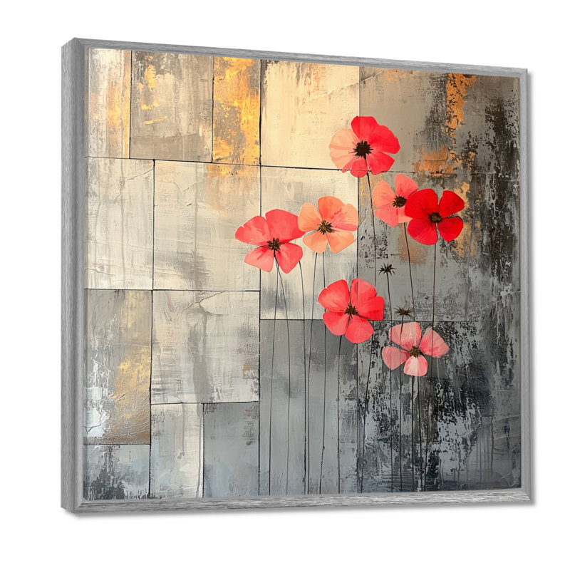 Fleurs de géraniums sur pierres - géraniums, art mural pour le salon, H 16 po x l 16 po, Impression encadrée flottante