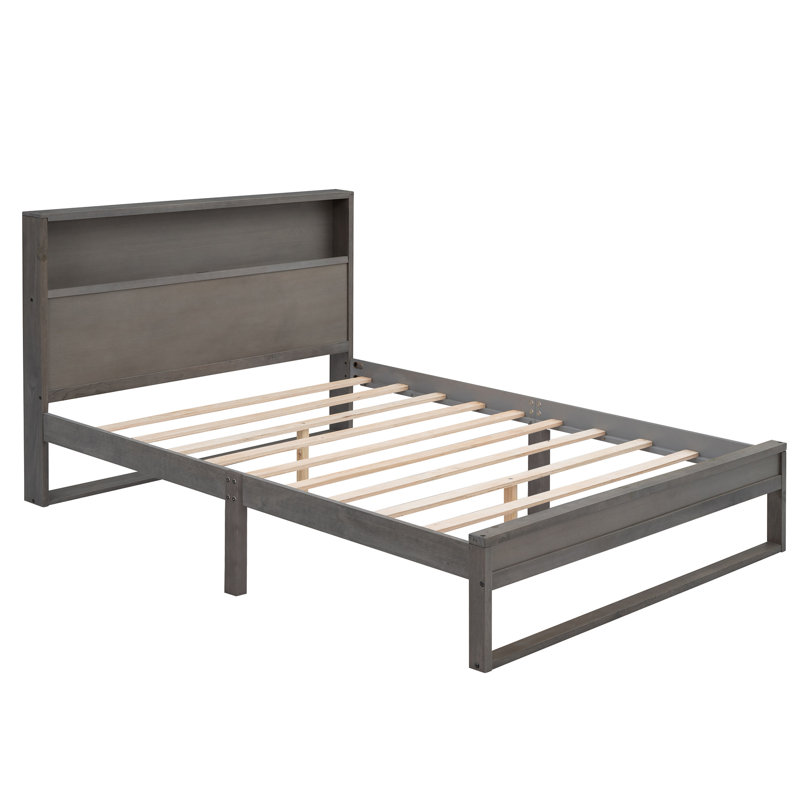 Lit plateforme avec tête de lit, prises et ports USB, grand lit plateforme, gris antique