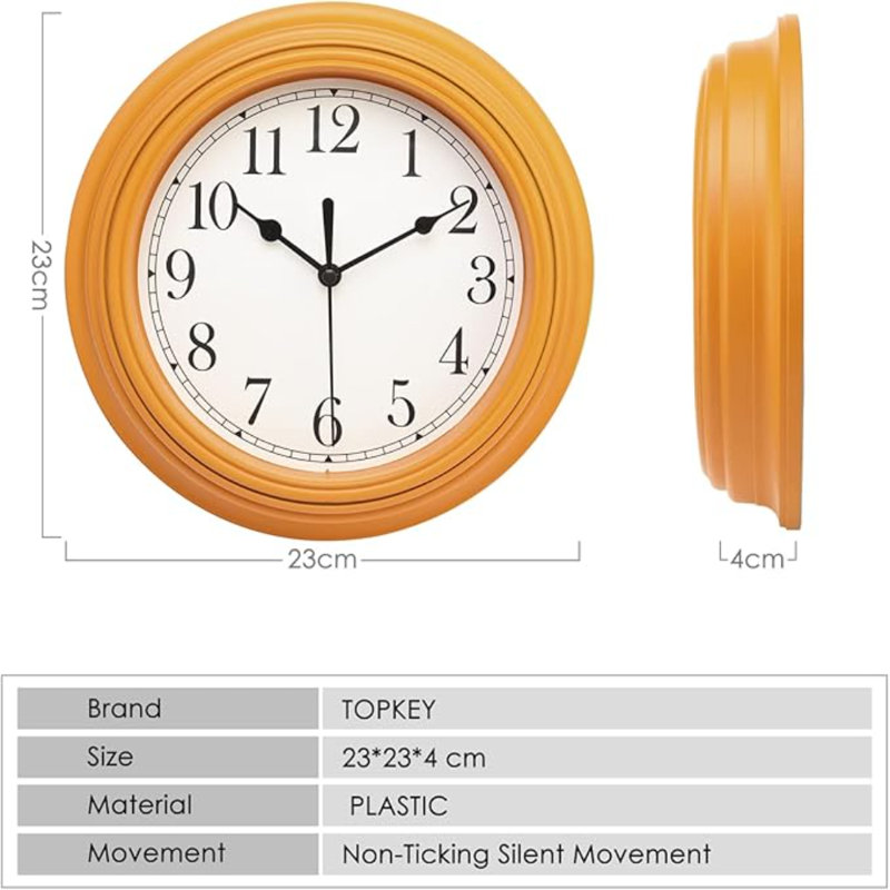 Horloge murale silencieuse 9 pouces, Jaune foncé