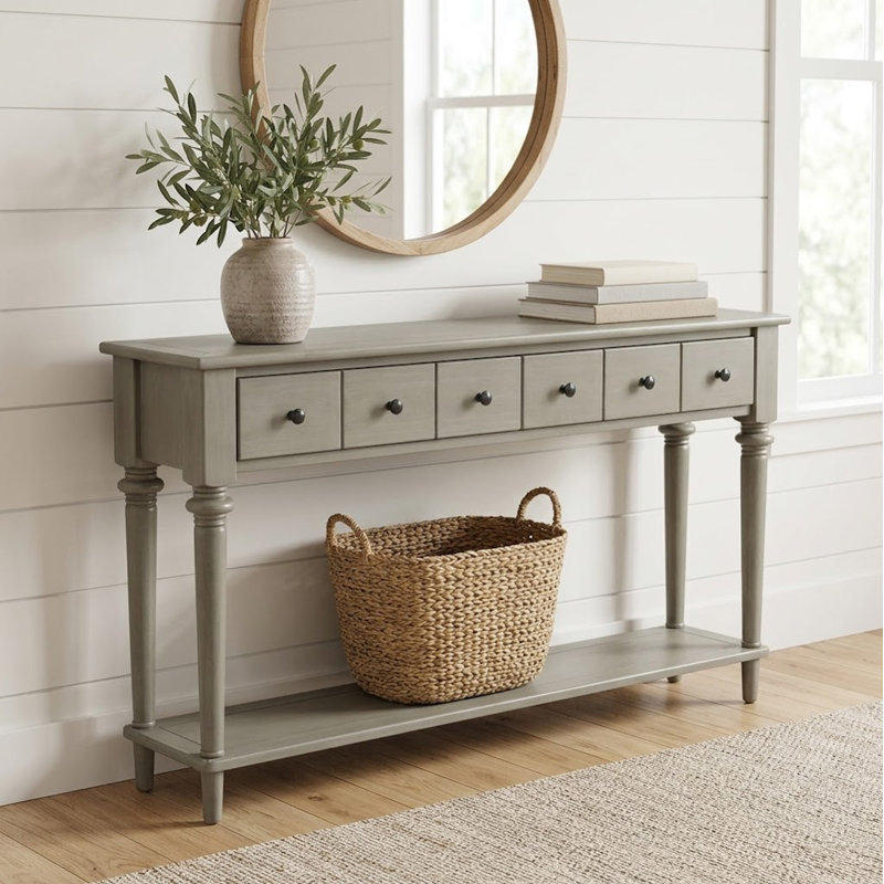 Classic Wooden Living Room Console Table Entryway Table with 4 Drawers and a Bottom Shelf, Gray Wash