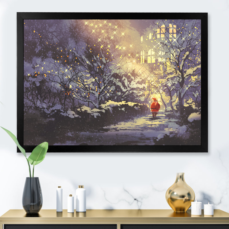 Père Noël en hiver enneigé - œuvre d'art moderne sur toile, Cadre photo noir, H 30 po x l 40 po x P 1,5 po