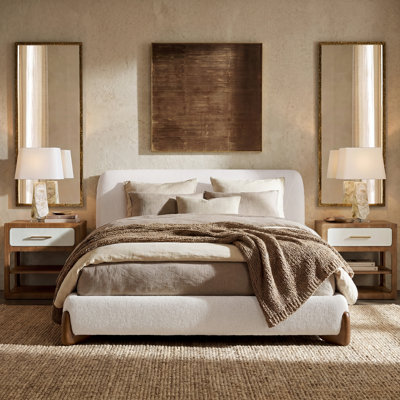Boucle Upholstered Queen Size Bed Frame, Platform Bed with Wedge Solid Wood Leg, Beige