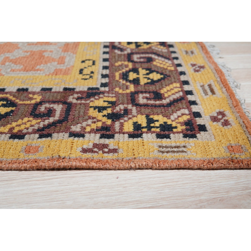 Yellow Hand-Knotted Wool Trellis Motif Geometric Modern Contemporary Carpet Rug, 6' x 9'