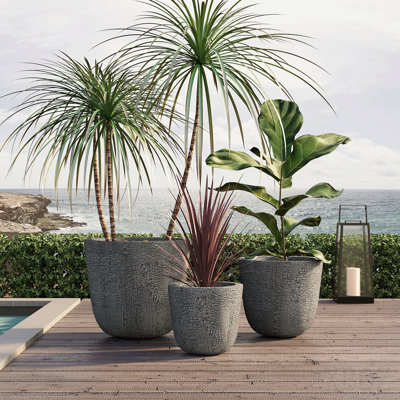 Ensemble de pots à fleurs légers empilables en béton rond de 3, 16,93 po + 13,78 po + 11,02 po de diamètre avec trous de drainage et bouchon en caoutchouc, texture de pierre craquelée pour l'extérieur