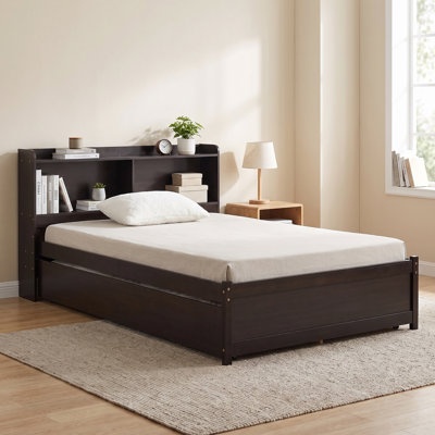 Kids Bed Platform Standard Bed With Bookcase And Twin Trundle