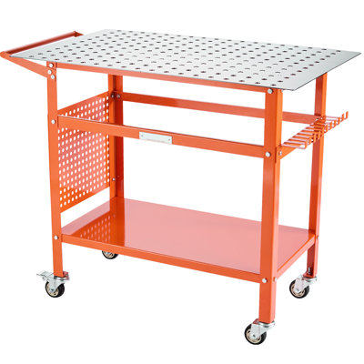 Welding Table With 800lbs Static Weight, 40"x24" Size, Steel Frame, 216 5/8 - Inch Fixture Holes, Double Layer Storage, Side Tool Hanging, 11 Hooks, 4 Wheels  2 Braked , Orange For Flawless In