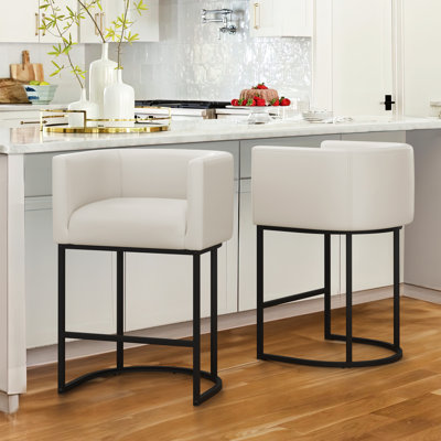 27" H Counter Height Bar Stools Set Of 2, Modern Barrel Counter Stools With Backrest And Arms, Metal Frames, Linen Fabric Upholstered Accent Barstools For Kitchen Island