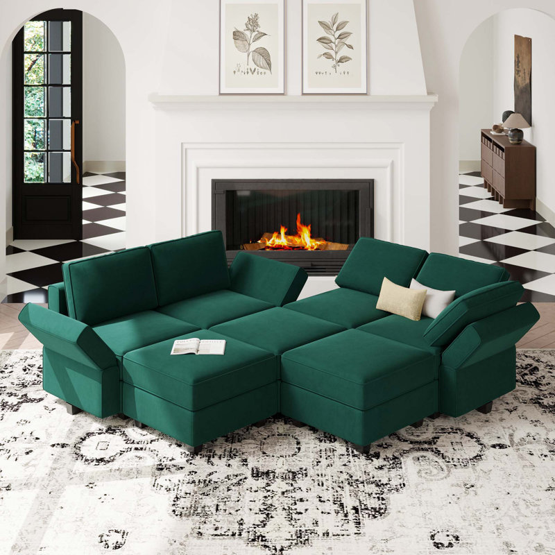 Canapé modulaire rembourré en velours avec rangement 90,2 po Teangela, Velours vert